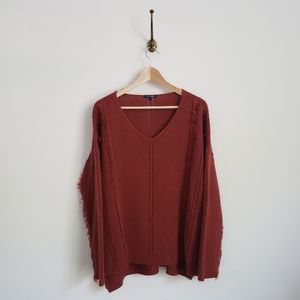 Bohemian burnt orange fringe V-neck sweater - L